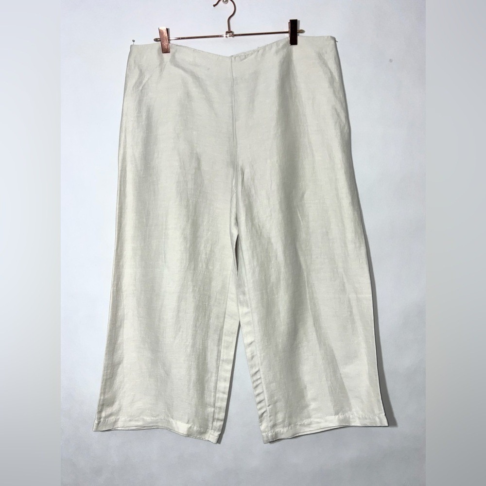 Eileen Fisher Ivory Linen Silk Woman Cropped Pants Size Large Side Zip Wide Leg - Picture 3 of 14